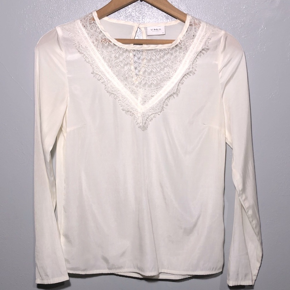 VILA Clothing | Off White V-neck Lace Inset Long Sleeve Blouse size X-Small